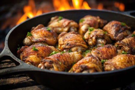 chicken thighs sizzling in heavy-bottomed skillet, created with generative aiの素材