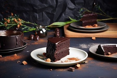 pieces of a chocolate cake on plates, created with generative aiの素材