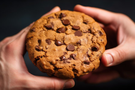 hand holding a freshly baked chocolate chip cookie, created with generative aiの素材