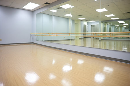 dance studio with barre, floor mark and mirror reflection, created with generative aiの素材