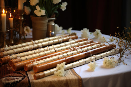 peruvian quena flutes arranged on a table, created with generative aiの素材