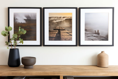 trio of picture frames showing diverse landscapes on a wall, created with generative aiの素材