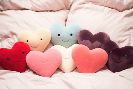 multiple heart-shaped soft plushies in different colors on a bed, created with generative aiの素材
