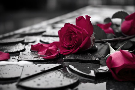 black and white image of rose petals on a wet gravestone, created with generative aiの素材