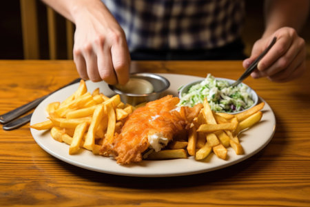 hand adjusting silverware next to the fish and chips, created with generative aiの素材