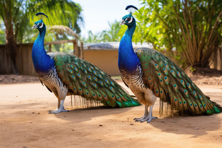 two peacocks, one with full-spread feathers, the other observing, created with generative aiの素材