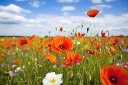 vibrant poppy flowers in a meadow, created with generative aiの素材