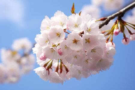 close-up of a blooming cherry blossom, created with generative aiの素材