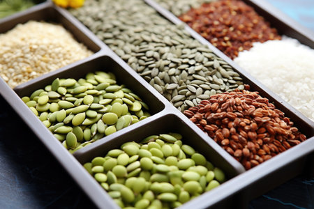 a seed tray filled with various types of seeds, created with generative aiの素材