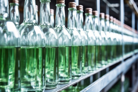 gin in a straight row of bottles ready for labeling, created with generative aiの素材