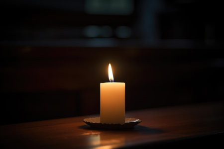 a single lit candle on a dimly lit desk, created with generative aiの素材
