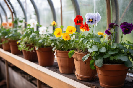 several potted flowers next to each other in a glass greenhouse, created with generative aiの素材