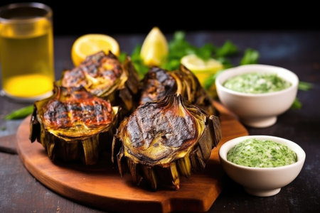whole grilled artichokes on a stone board, garlic dip in a small pot, created with generative aiの素材