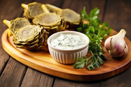 grilled artichokes with garlic dip presented on a long wooden platter, created with generative aiの素材