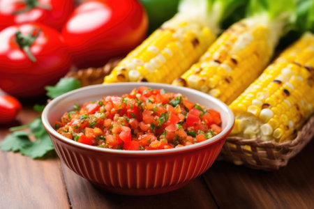 grilled corn on the cob served with tangy tomato salsa in a bowl, created with generative aiの素材