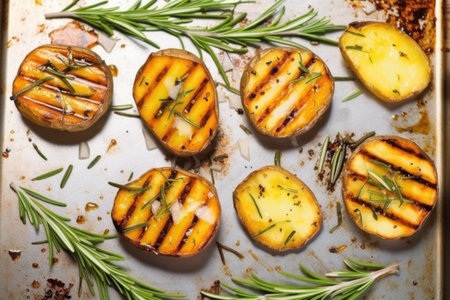overhead view of grilled potatoes and rosemary on marble kitchen counter, created with generative aiの素材