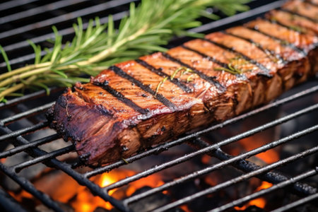 close-up shot of charred seitan steak on grill, created with generative aiの素材