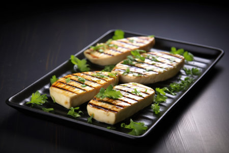 a trio of grilled tofu steaks on a sleek black round plate, created with generative aiの素材