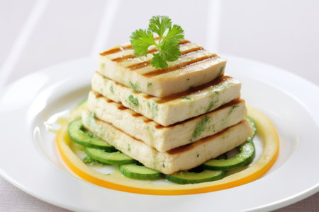 close-up of grilled tofu steaks stacked on a white plate, created with generative aiの素材