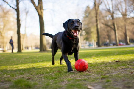 a black labrador retriever playing with a red ball in a park, created with generative aiの素材