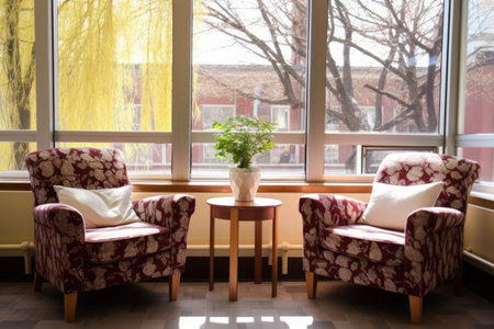 comfortable armchairs by the library window, created with generative aiの素材