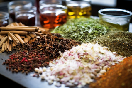 detail shot of herbs and spices for flavor infusion in liqueurs, created with generative aiの素材