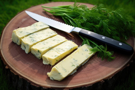 knifes slicing through grass-fed butter stick, created with generative aiの素材