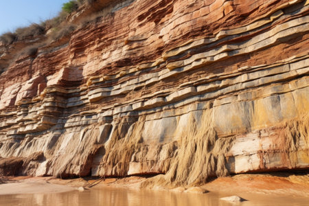 rock layers in a sedimentary cliff showing geological history, created with generative aiの素材
