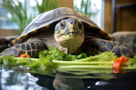 senior turtle enjoying lettuce meal, created with generative aiの素材