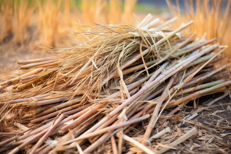 pile of fresh reeds ready for basket crafting, created with generative aiの素材