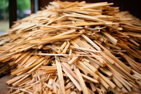 pile of bamboo strips ready for basket crafting, created with generative aiの素材