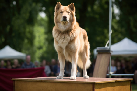 a large dog standing on a show podium, created with generative aiの素材