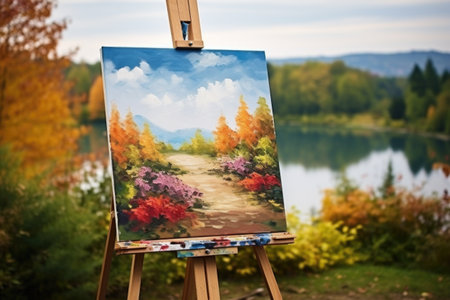 a wooden easel with a landscape painting in progress, created with generative aiの素材