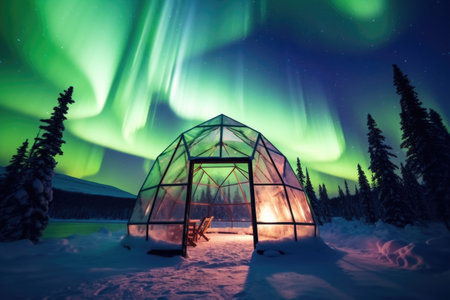 glass igloo under northern lights in a snowy landscape, created with generative aiの素材