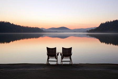 scenic view of a calm lake with two empty chairs by the shore, created with generative aiの素材