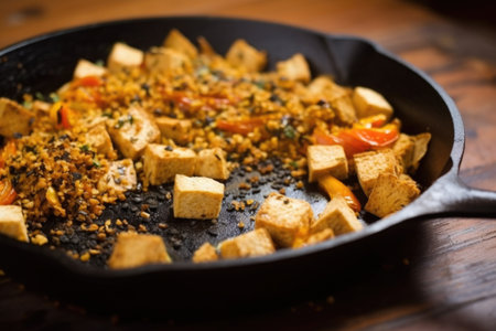 hand crackling black pepper on tofu scramble, created with generative aiの素材