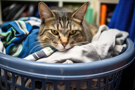 a perturbed cat awakened from sleep in a laundry basket, created with generative aiの素材
