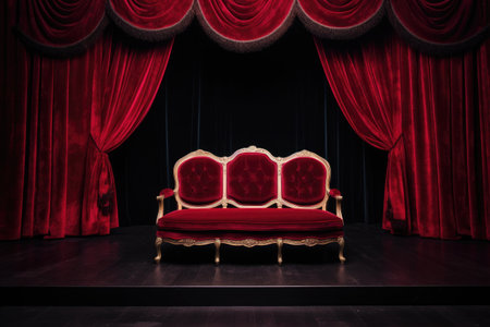 an empty stage with red velvet seats, created with generative aiの素材