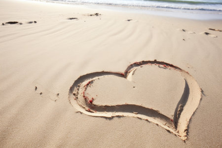a heart drawn in the sand with multiple footsteps around it, created with generative aiの素材