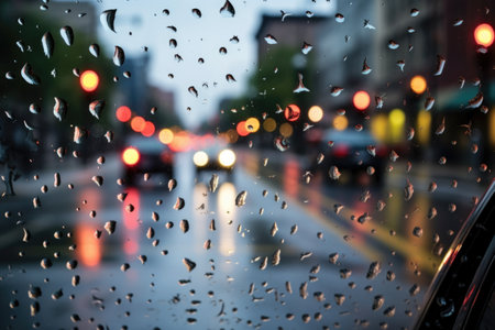 raindrops on a car windshield in a city, created with generative aiの素材