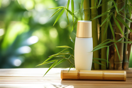 aftersun lotion bottle beside a bamboo plant, created with generative aiの素材