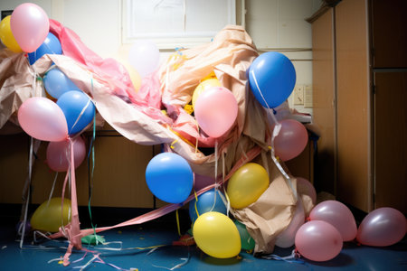 a cluster of balloons partially deflated and string-bound, thrown in a corner, created with generative aiの素材