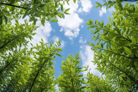 low angle perspective of tea bushes reaching the sky, created with generative aiの素材