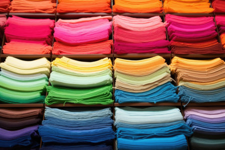 textile samples organized in a rainbow of colors, created with generative aiの素材