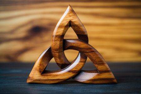 a trinity knot carved on wooden surface, created with generative aiの素材