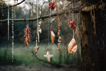 hand-crafted decorations hanging from a tree branch, created with generative aiの素材