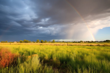 a rainbow appearing after a summer thunderstorm, created with generative aiの素材