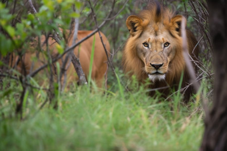 a lion stalking a deer from behind bushes, created with generative aiの素材