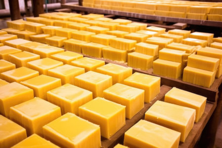 neatly lined up raw rubber blocks ready for processing, created with generative aiの素材