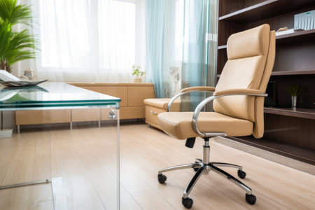 suede womans office chair near a spacious, glass office table, created with generative aiの素材